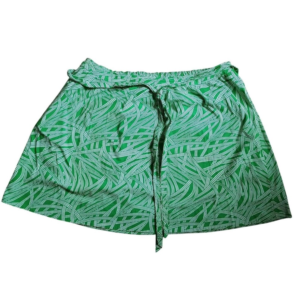 Lands End Skirt Size 24W A-Line Belted Geometric Cotton Stretch Green White